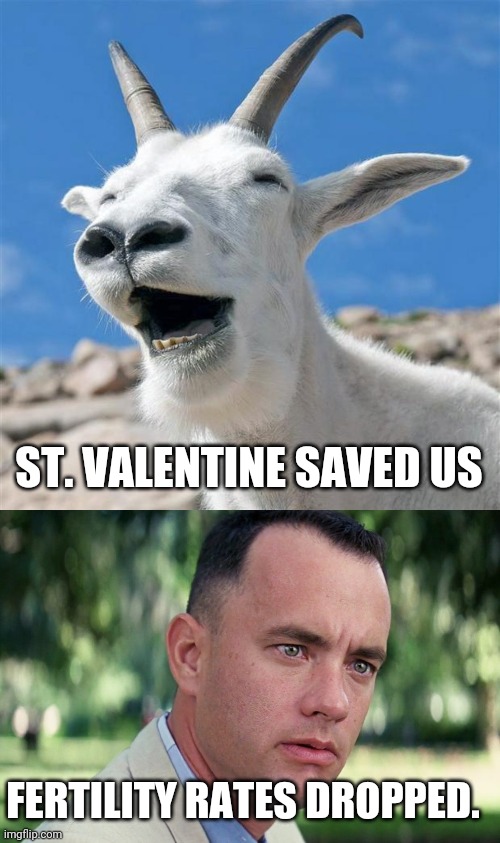 and just like that... happy valentines day imgflip. | ST. VALENTINE SAVED US; FERTILITY RATES DROPPED. | image tagged in memes,laughing goat,and just like that | made w/ Imgflip meme maker