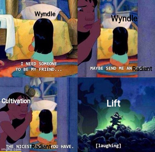 Send me a angel | Wyndle; Wyndle; Radiant; Cultivation; Lift; Radiant | image tagged in send me a angel | made w/ Imgflip meme maker