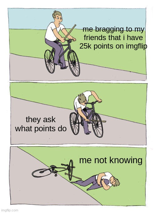 Bike Fall | me bragging to my friends that i have 25k points on imgflip; they ask what points do; me not knowing | image tagged in memes,bike fall,depression | made w/ Imgflip meme maker