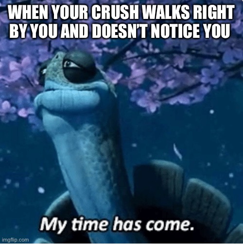 My time has come | WHEN YOUR CRUSH WALKS RIGHT BY YOU AND DOESN’T NOTICE YOU | image tagged in my time has come | made w/ Imgflip meme maker