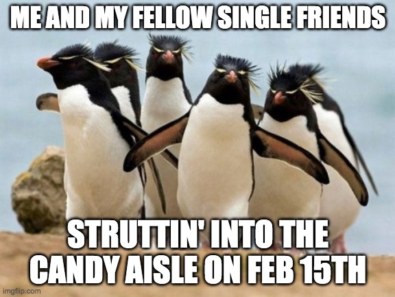 Penguin Gang | ME AND MY FELLOW SINGLE FRIENDS; STRUTTIN' INTO THE CANDY AISLE ON FEB 15TH | image tagged in memes,penguin gang,valentine's day | made w/ Imgflip meme maker