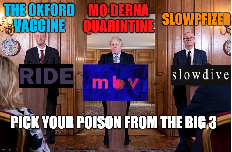 Shoegaze vaccine | SLOWPFIZER; MO DERNA QUARINTINE; THE OXFORD VACCINE; PICK YOUR POISON FROM THE BIG 3 | image tagged in shoegaze,covid-19,covid,lockdown,speech,vaccine | made w/ Imgflip meme maker