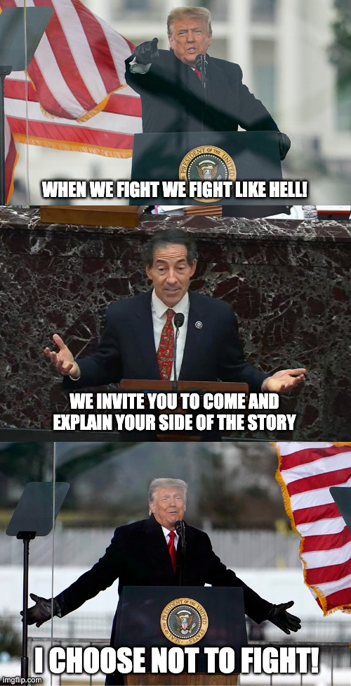 Trump fighting like hell | WHEN WE FIGHT WE FIGHT LIKE HELL! WE INVITE YOU TO COME AND EXPLAIN YOUR SIDE OF THE STORY; I CHOOSE NOT TO FIGHT! | image tagged in donald trump,trump impeachment | made w/ Imgflip meme maker