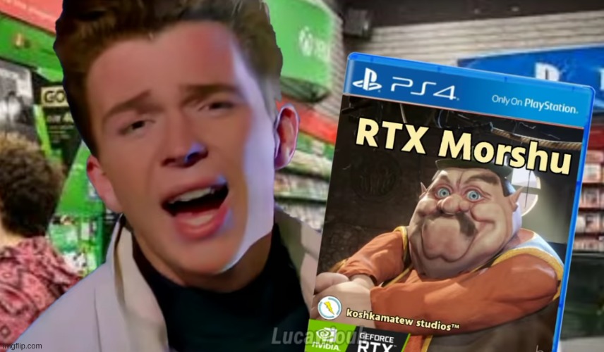 rick astley buys rtx morshu game | image tagged in memes,funny,morshu,rick astley | made w/ Imgflip meme maker