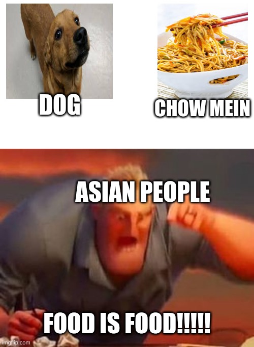 food | CHOW MEIN; DOG; ASIAN PEOPLE; FOOD IS FOOD!!!!! | image tagged in mr incredible mad | made w/ Imgflip meme maker
