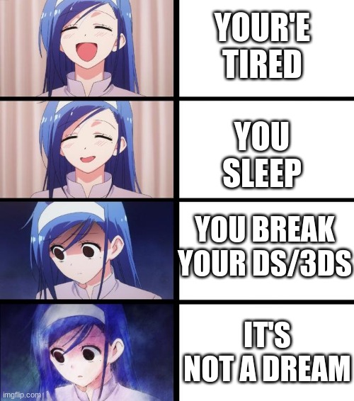 Distressed Fumino | YOUR'E TIRED; YOU SLEEP; YOU BREAK YOUR DS/3DS; IT'S NOT A DREAM | image tagged in distressed fumino | made w/ Imgflip meme maker