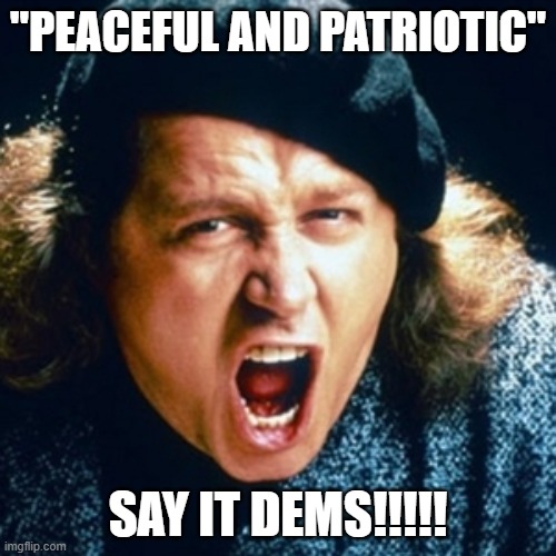 Sam kinison |  "PEACEFUL AND PATRIOTIC"; SAY IT DEMS!!!!! | image tagged in sam kinison | made w/ Imgflip meme maker