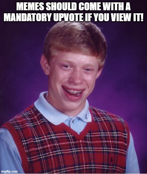 WHAAAAAAAA? | MEMES SHOULD COME WITH A MANDATORY UPVOTE IF YOU VIEW IT! | image tagged in memes,bad luck brian | made w/ Imgflip meme maker