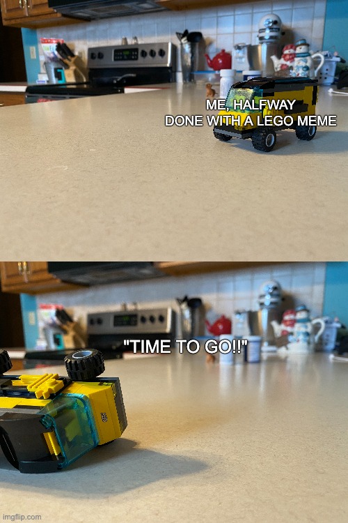 Lego train and bus 1/2 way done | ME, HALFWAY DONE WITH A LEGO MEME; "TIME TO GO!!" | image tagged in lego,bus,train,crash | made w/ Imgflip meme maker