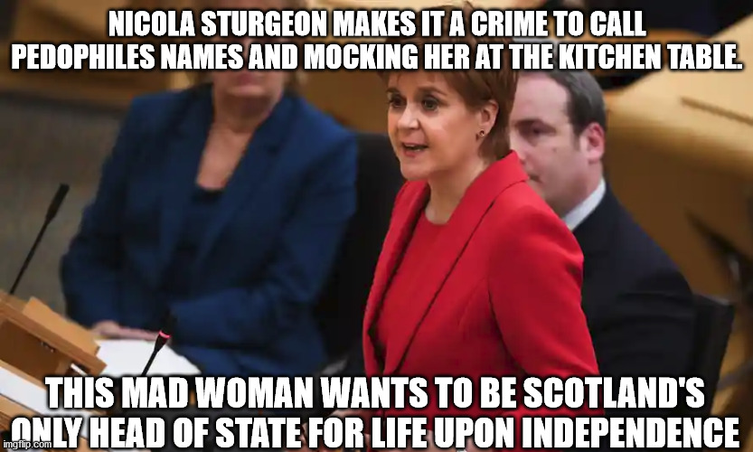 Nicola Sturgeon the mass insane person of Scotland | NICOLA STURGEON MAKES IT A CRIME TO CALL PEDOPHILES NAMES AND MOCKING HER AT THE KITCHEN TABLE. THIS MAD WOMAN WANTS TO BE SCOTLAND'S ONLY HEAD OF STATE FOR LIFE UPON INDEPENDENCE | image tagged in nicola sturgeon,scotland,pedophiles,lunatic | made w/ Imgflip meme maker