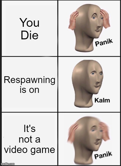 Panik Kalm Panik | You Die; Respawning is on; It's not a video game | image tagged in memes,panik kalm panik | made w/ Imgflip meme maker