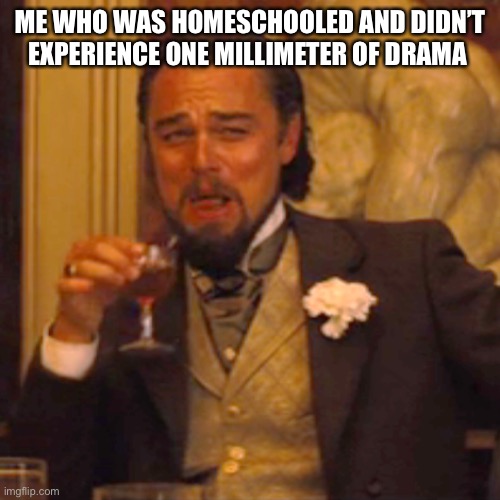 Laughing Leo Meme | ME WHO WAS HOMESCHOOLED AND DIDN’T EXPERIENCE ONE MILLIMETER OF DRAMA | image tagged in memes,laughing leo | made w/ Imgflip meme maker