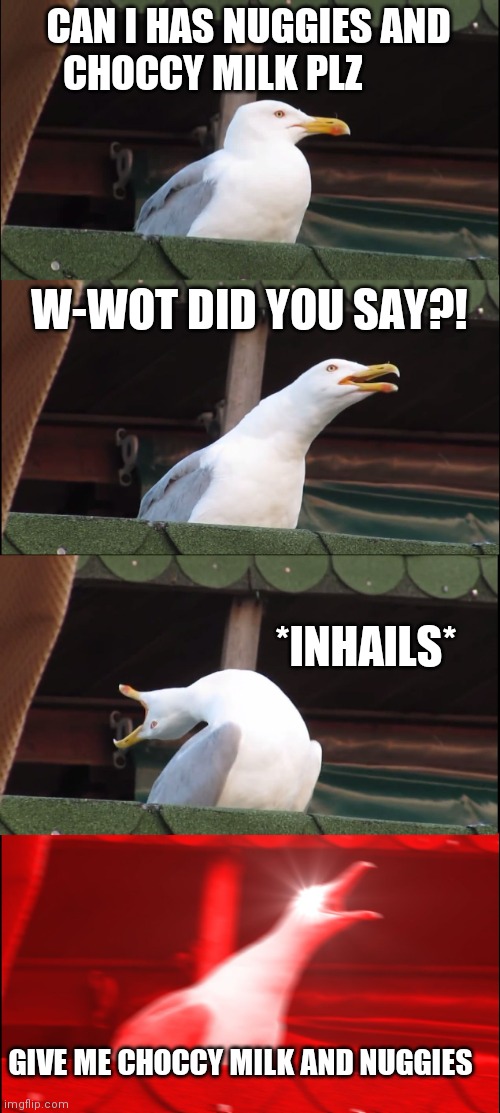 Inhaling Seagull | CAN I HAS NUGGIES AND CHOCCY MILK PLZ; W-WOT DID YOU SAY?! *INHAILS*; GIVE ME CHOCCY MILK AND NUGGIES | image tagged in memes,inhaling seagull | made w/ Imgflip meme maker