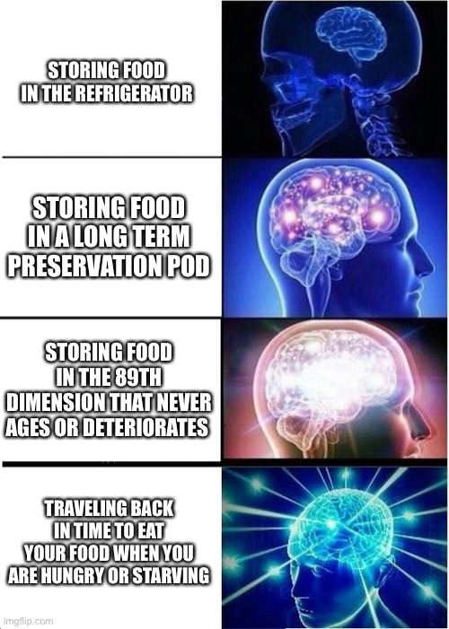 Food go brrrrr | STORING FOOD IN THE REFRIGERATOR; STORING FOOD IN A LONG TERM PRESERVATION POD; STORING FOOD IN THE 89TH DIMENSION THAT NEVER AGES OR DETERIORATES; TRAVELING BACK IN TIME TO EAT YOUR FOOD WHEN YOU ARE HUNGRY OR STARVING | image tagged in memes,expanding brain | made w/ Imgflip meme maker