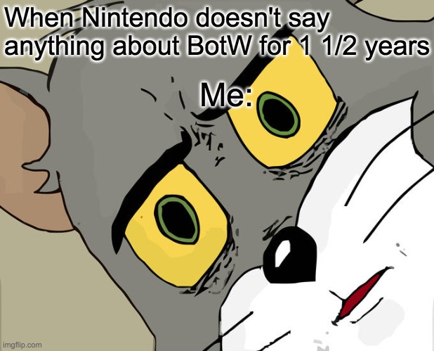 Unsettled Tom | When Nintendo doesn't say anything about BotW for 1 1/2 years; Me: | image tagged in memes,unsettled tom | made w/ Imgflip meme maker