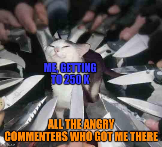 Knife Cat | ME, GETTING TO 250 K; ALL THE ANGRY COMMENTERS WHO GOT ME THERE | image tagged in knife cat | made w/ Imgflip meme maker