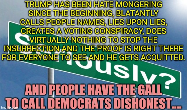 seriously | TRUMP HAS BEEN HATE MONGERING SINCE THE BEGINNING, BLATANTLY CALLS PEOPLE NAMES, LIES UPON LIES, CREATES A VOTING CONSPIRACY, DOES VIRTUALLY NOTHING TO STOP THE INSURRECTION AND THE PROOF IS RIGHT THERE FOR EVERYONE TO SEE AND HE GETS ACQUITTED. AND PEOPLE HAVE THE GALL TO CALL DEMOCRATS DISHONEST.... | image tagged in trump,anti trump | made w/ Imgflip meme maker