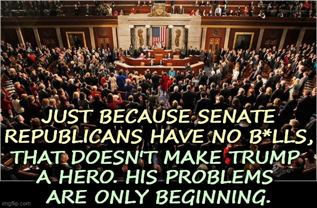 Senate Republicans voted on a technicality, not on Trump's guilt or innocence. | JUST BECAUSE SENATE REPUBLICANS HAVE NO B*LLS, THAT DOESN'T MAKE TRUMP 
A HERO. HIS PROBLEMS 
ARE ONLY BEGINNING. | image tagged in congress,trump,guilty | made w/ Imgflip meme maker