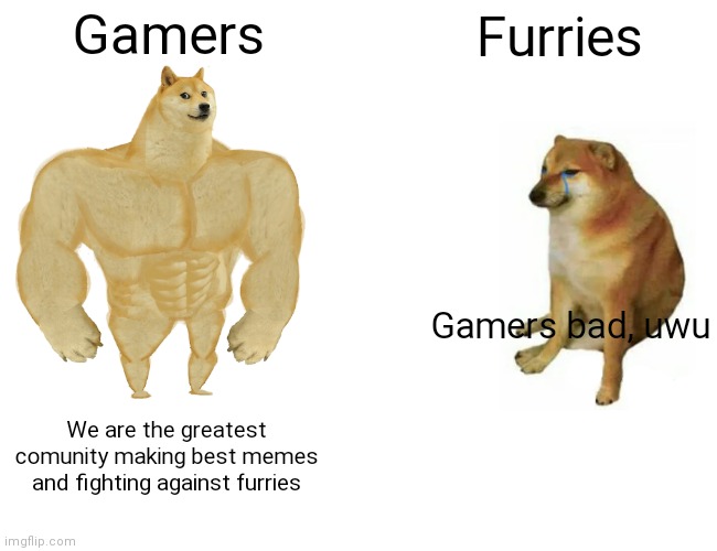 Buff Doge vs. Cheems | Gamers; Furries; Gamers bad, uwu; We are the greatest comunity making best memes and fighting against furries | image tagged in memes,buff doge vs cheems | made w/ Imgflip meme maker