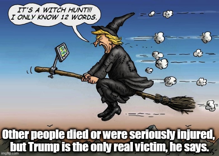 The usual self-pitying victimology. | IT'S A WITCH HUNT!!!
I ONLY KNOW 12 WORDS. Other people died or were seriously injured, 
but Trump is the only real victim, he says. | image tagged in trump always the victim of a witch hunt,trump,victim,crap | made w/ Imgflip meme maker