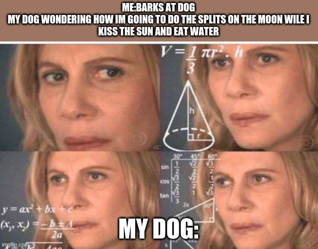 Math lady/Confused lady | ME:BARKS AT DOG
MY DOG WONDERING HOW IM GOING TO DO THE SPLITS ON THE MOON WILE I

KISS THE SUN AND EAT WATER; MY DOG: | image tagged in math lady/confused lady | made w/ Imgflip meme maker