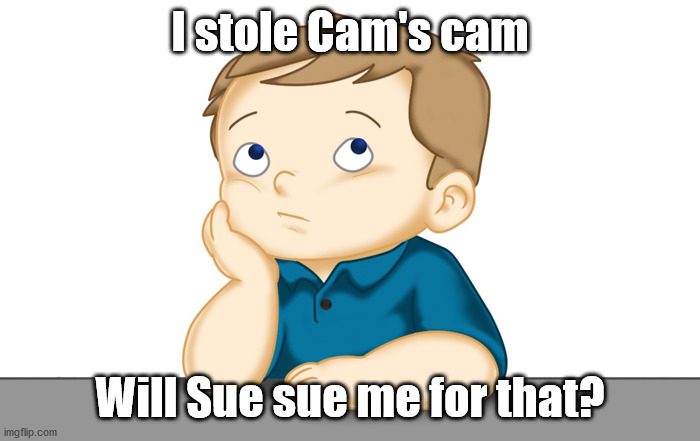 Thinking boy | I stole Cam's cam; Will Sue sue me for that? | image tagged in thinking boy | made w/ Imgflip meme maker