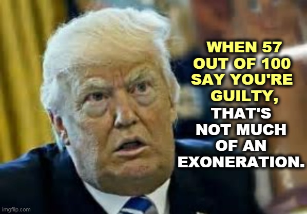 Guilty, guilty, guilty. | WHEN 57 OUT OF 100 
SAY YOU'RE 
GUILTY, THAT'S NOT MUCH OF AN EXONERATION. | image tagged in trump dilated loser,trump,impeachment,guilty | made w/ Imgflip meme maker