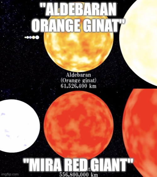 Red and orange giant star meme | "ALDEBARAN ORANGE GINAT"; "MIRA RED GIANT" | image tagged in size matters,stars,giants,giant,star | made w/ Imgflip meme maker