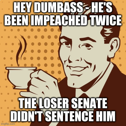 Public service announcement: | HEY DUMBASS - HE'S BEEN IMPEACHED TWICE THE LOSER SENATE DIDN'T SENTENCE HIM | image tagged in mug approval,rumpt | made w/ Imgflip meme maker