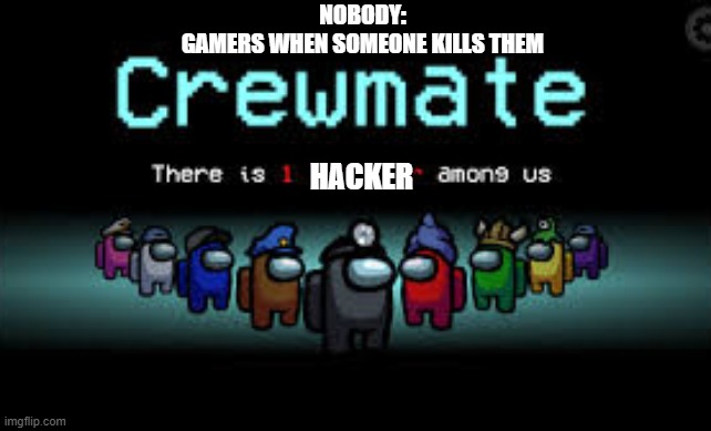HAC 2 | NOBODY:
GAMERS WHEN SOMEONE KILLS THEM; HACKER | image tagged in there is 1 imposter among us,hackers,memes,gamers | made w/ Imgflip meme maker