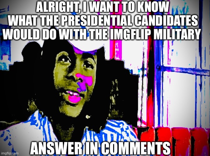 Just A little question | ALRIGHT, I WANT TO KNOW WHAT THE PRESIDENTIAL CANDIDATES WOULD DO WITH THE IMGFLIP MILITARY; ANSWER IN COMMENTS | image tagged in joe mama | made w/ Imgflip meme maker