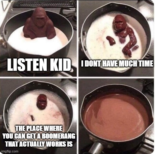 listen kid i dont have much time left | I DONT HAVE MUCH TIME; LISTEN KID; THE PLACE WHERE YOU CAN GET A BOOMERANG THAT ACTUALLY WORKS IS | image tagged in listen kid i dont have much time left | made w/ Imgflip meme maker