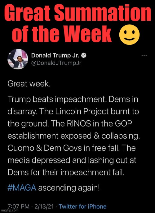 ANOTHER Failed Impeachment....ANOTHER Democrat Loss! |  Great Summation of the Week ? | image tagged in politics,democratic socialism,impeachment,trump,crying democrats | made w/ Imgflip meme maker