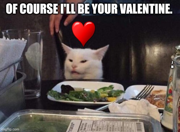 Salad cat | OF COURSE I'LL BE YOUR VALENTINE. J M | image tagged in salad cat | made w/ Imgflip meme maker