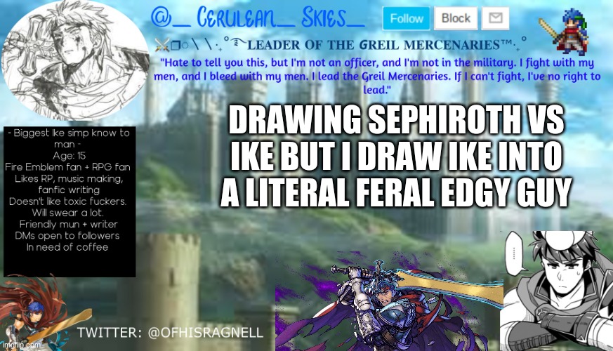 ok so its a PART of a draft, but it'd be cool ig | DRAWING SEPHIROTH VS IKE BUT I DRAW IKE INTO A LITERAL FERAL EDGY GUY | image tagged in novaa's template 2 | made w/ Imgflip meme maker