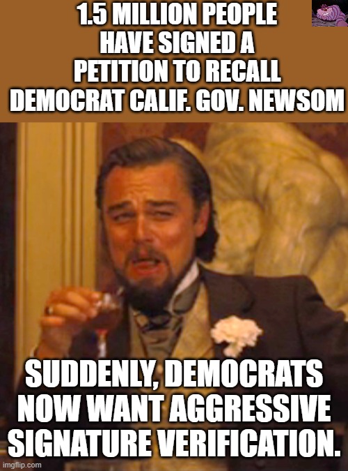 The hypocrisy of the Democrats is astounding. | 1.5 MILLION PEOPLE HAVE SIGNED A PETITION TO RECALL DEMOCRAT CALIF. GOV. NEWSOM; SUDDENLY, DEMOCRATS NOW WANT AGGRESSIVE SIGNATURE VERIFICATION. | image tagged in memes,laughing leo | made w/ Imgflip meme maker