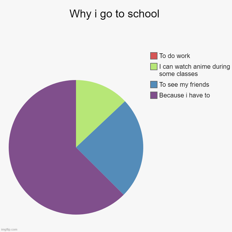 Why i go to school | Because i have to, To see my friends, I can watch anime during some classes, To do work | image tagged in charts,pie charts | made w/ Imgflip chart maker