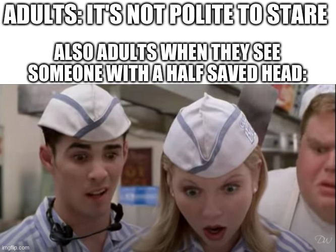 Fizz n Vegan Girl | ADULTS: IT'S NOT POLITE TO STARE; ALSO ADULTS WHEN THEY SEE SOMEONE WITH A HALF SAVED HEAD: | image tagged in fizz n vegan girl | made w/ Imgflip meme maker
