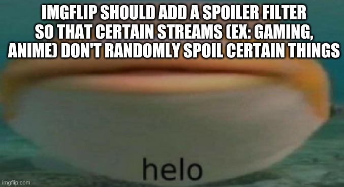 trust me, it could be a really useful feature | IMGFLIP SHOULD ADD A SPOILER FILTER SO THAT CERTAIN STREAMS (EX: GAMING, ANIME) DON'T RANDOMLY SPOIL CERTAIN THINGS | image tagged in helo | made w/ Imgflip meme maker