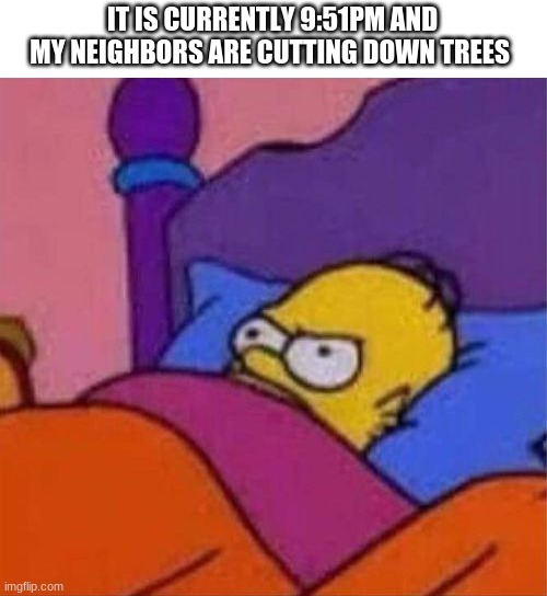 angry homer simpson in bed | IT IS CURRENTLY 9:51PM AND MY NEIGHBORS ARE CUTTING DOWN TREES | image tagged in angry homer simpson in bed | made w/ Imgflip meme maker