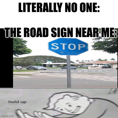 Daily Driving be like.... | LITERALLY NO ONE:; THE ROAD SIGN NEAR ME: | image tagged in fallout hold up | made w/ Imgflip meme maker