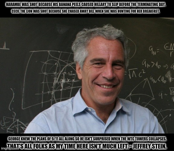 Jeffrey Epstein | HARAMBE WAS SHOT BECAUSE HIS BANANA PEELS CAUSED HILLARY TO SLIP BEFORE THE TERMINATING DAY. CECIL THE LION WAS SHOT BECAUSE SHE CHASED AWAY BILL WHEN SHE WAS HUNTING FOR HER BREAKFAST. GEORGE KNEW THE PLANS OF 9/11 ALL ALONG SO HE ISN'T SURPRISED WHEN THE WTC TOWERS COLLAPSES. THAT'S ALL FOLKS AS MY TIME HERE ISN'T MUCH LEFT.~ JEFFREY STEIN. | image tagged in memes,jeffrey epstein,lightinthedark | made w/ Imgflip meme maker
