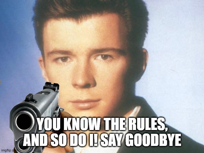 You know the rules and so do I. SAY GOODBYE. | YOU KNOW THE RULES, AND SO DO I! SAY GOODBYE | image tagged in you know the rules and so do i say goodbye | made w/ Imgflip meme maker