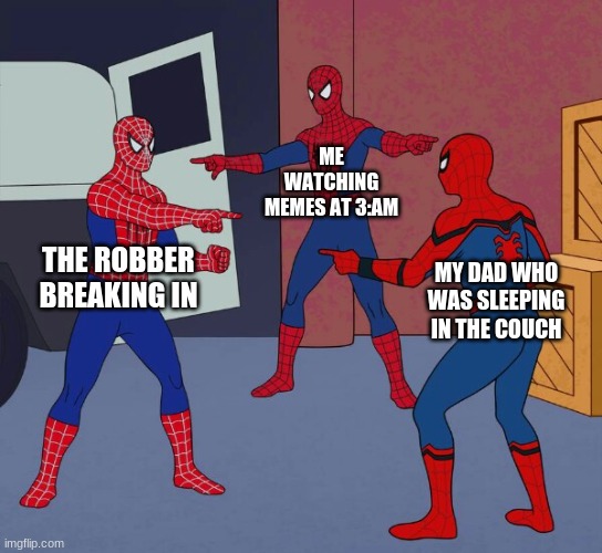 yes | ME WATCHING MEMES AT 3:AM; THE ROBBER BREAKING IN; MY DAD WHO WAS SLEEPING IN THE COUCH | image tagged in spider man triple,robber,memes,3am,me,dad | made w/ Imgflip meme maker