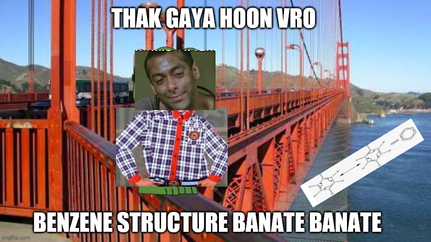 Science students | THAK GAYA HOON VRO; BENZENE STRUCTURE BANATE BANATE | image tagged in thak gaya hu bro | made w/ Imgflip meme maker