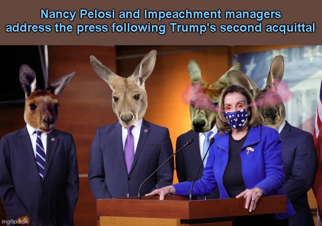 With Trump acquitted once again, Pelosi and the leaders of the kangaroo court talk to the press | Nancy Pelosi and Impeachment managers address the press following Trump's second acquittal | image tagged in nancy pelosi and impeachment managers,trump acquitted,crying democrats,nancy pelosi,sham impeachment,kangaroo court | made w/ Imgflip meme maker