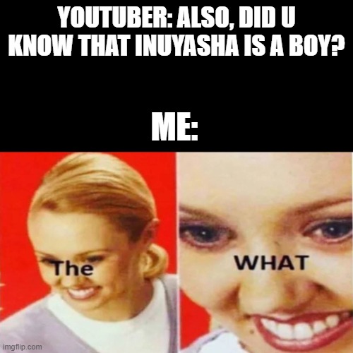 Inuyasha cant possibly be a boy | YOUTUBER: ALSO, DID U KNOW THAT INUYASHA IS A BOY? ME: | image tagged in the what | made w/ Imgflip meme maker