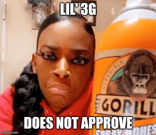 Gorilla Glue girl |  LIL' 3G; DOES NOT APPROVE | image tagged in gorilla glue,hairdo,super glue,sampsin,don't approve,mad | made w/ Imgflip meme maker