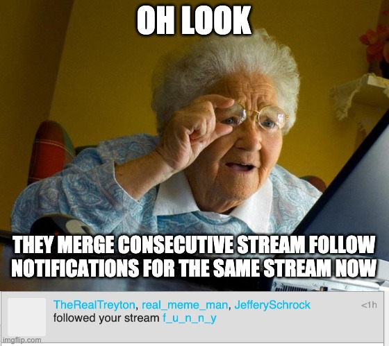 I'm not sure if this was the best way to word it, but... | OH LOOK; THEY MERGE CONSECUTIVE STREAM FOLLOW NOTIFICATIONS FOR THE SAME STREAM NOW | image tagged in memes,grandma finds the internet,stop reading the tags | made w/ Imgflip meme maker