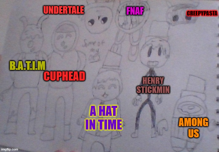 B.A.T.I.M CUPHEAD AMONG US A HAT IN TIME CREEPYPASTA UNDERTALE FNAF HENRY STICKMIN | made w/ Imgflip meme maker